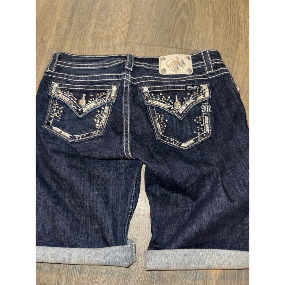 Miss Me Signature Bermuda Denim Shorts Dark Wash Rhinestone Studded Size 33